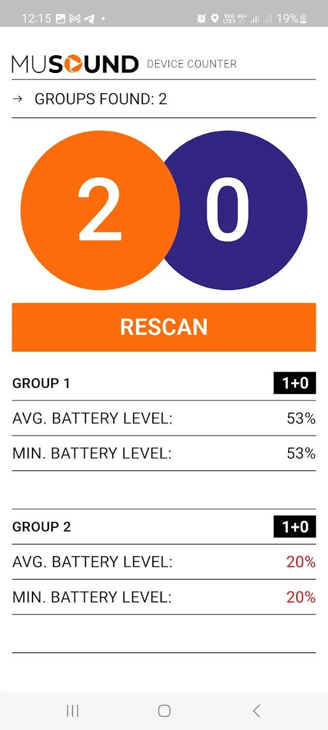 MuSound device counter showing two groups with battery levels